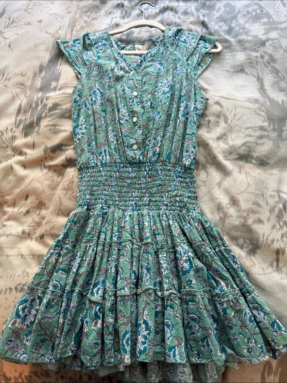 Perry Walker Waist Floral Mini Dress in Teal Green